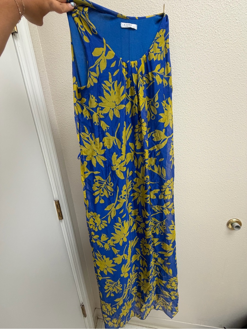 Rosemarine Silk Blue Floral Maxi Dress with Yellow/ Green Print